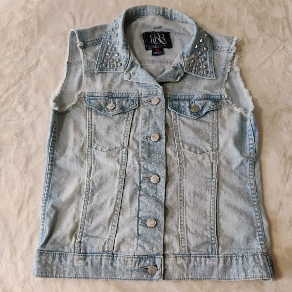 Rock & Republic Gunshot Denim Vest XS Y2K Studded Bleach Splatter Jean Jacket